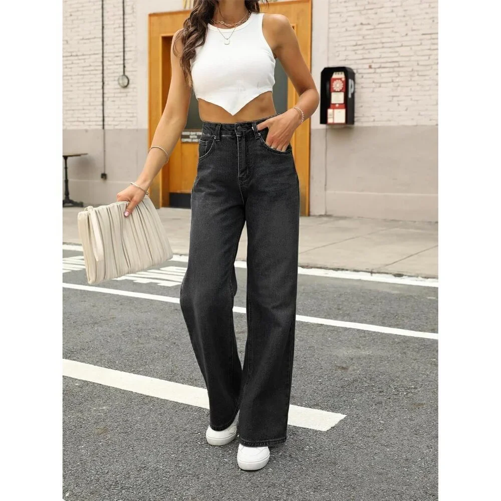 Women Wide Leg Jeans High Waist Baggy Denim Pants Loose Fit Casual Stylish